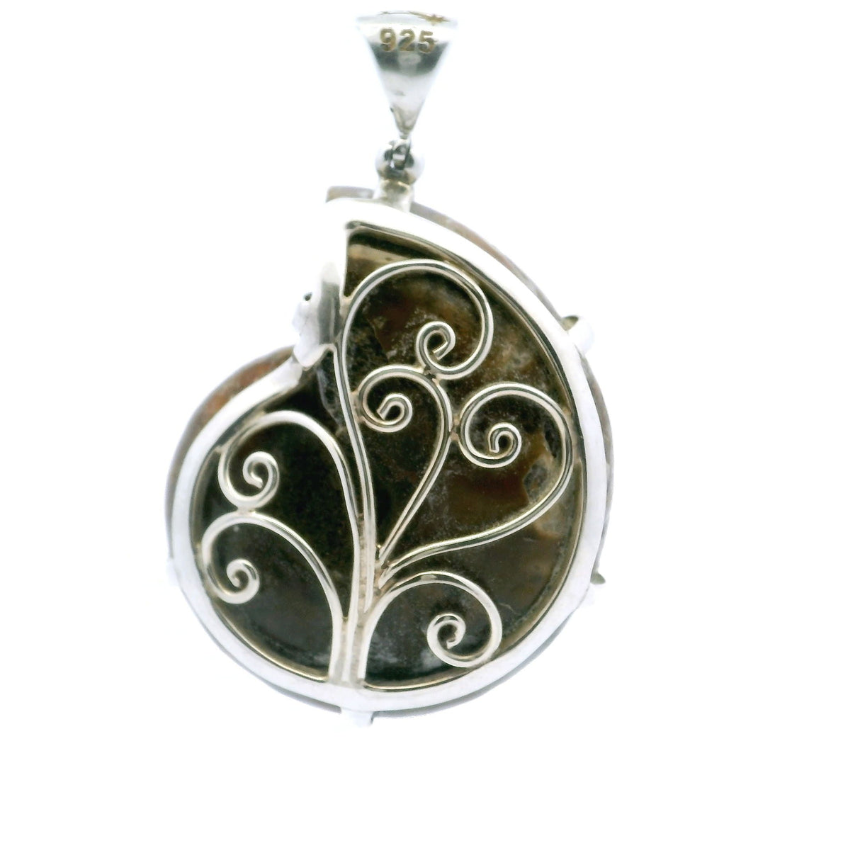 Ammonite Fossil Pendant - Open Ammonite Cross-section Inlaid with Bumblebee Jasper Prong Set in 925 Sterling Silver with Swirled Accent on Reverse