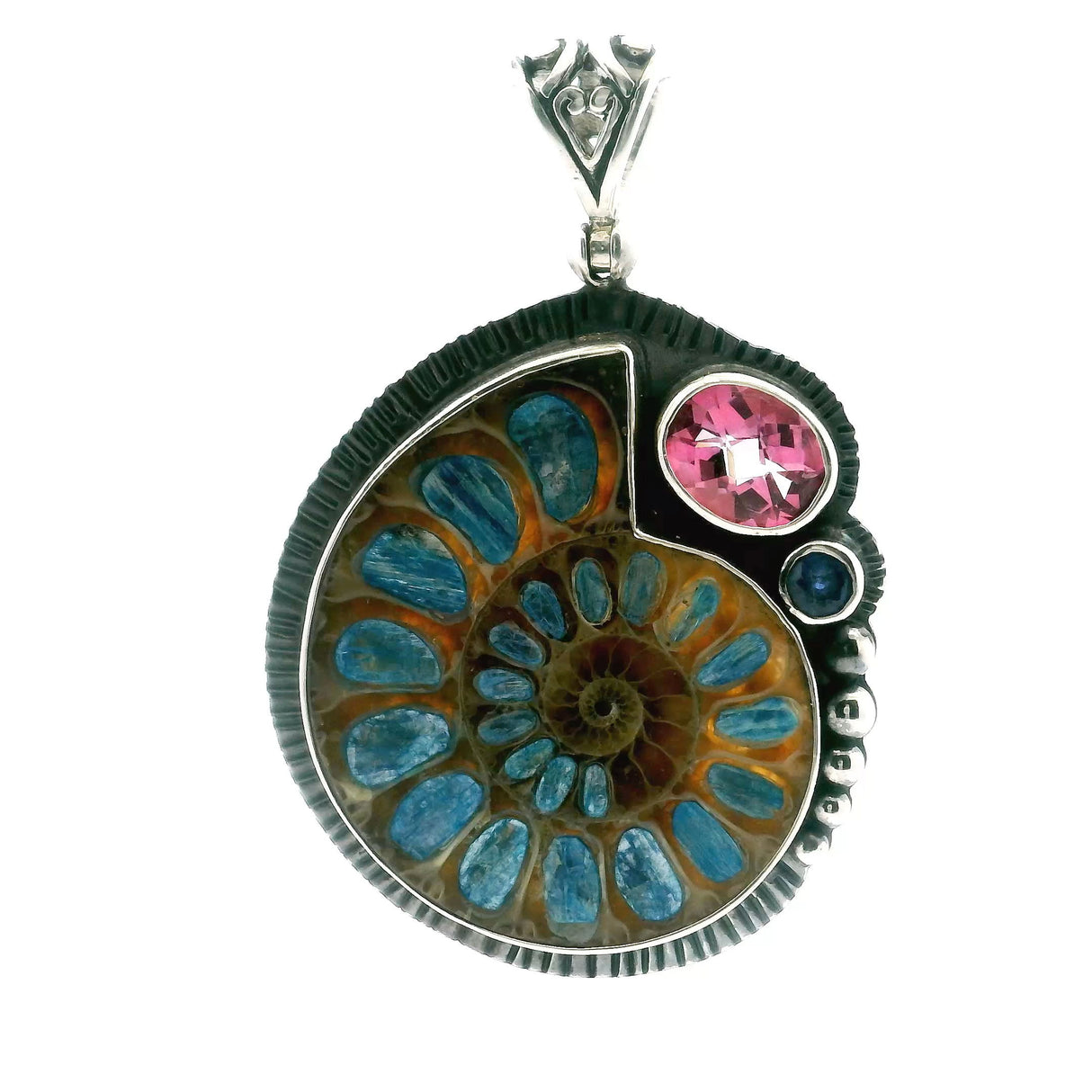 View of Ammonite Fossil Pendant - Open Ammonite Cross-section Inlaid with Kyanite with Faceted Pink Topaz Oval & Faceted Kyanite Round Bezel Set in 925 Sterling Silver with Bead & Line Accents