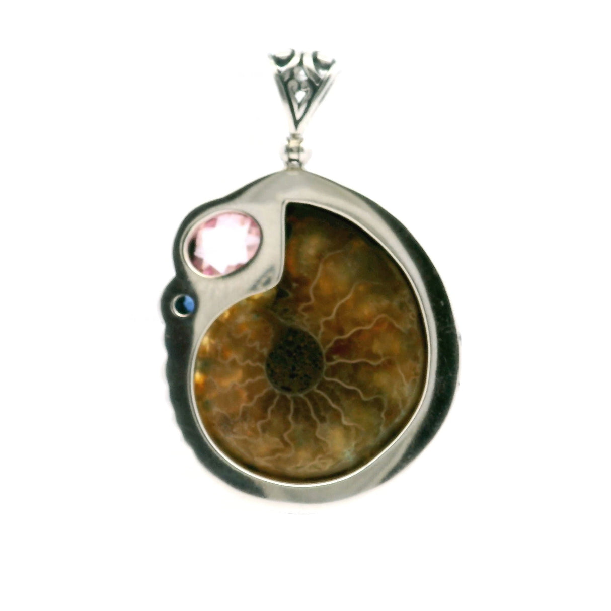 Ammonite Fossil Pendant - Open Ammonite Cross-section Inlaid with Kyanite with Faceted Pink Topaz Oval & Faceted Kyanite Round Bezel Set in 925 Sterling Silver with Bead & Line Accents