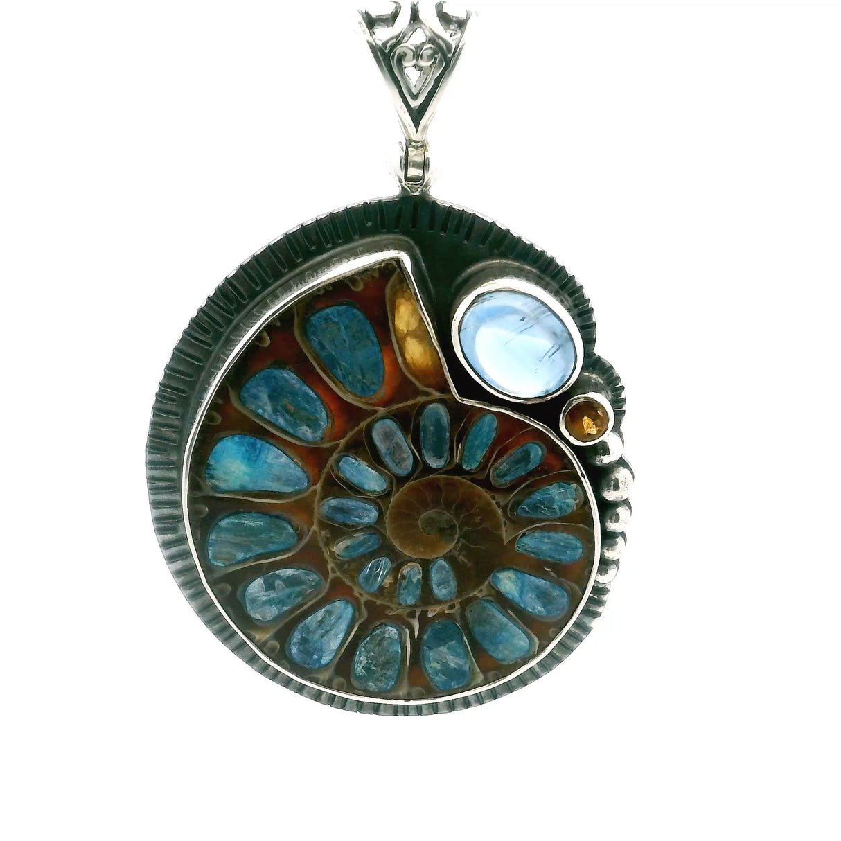 View of Ammonite Fossil Pendant - Open Ammonite Cross-section Inlaid with Kyanite with Kyanite Oval Cabochon and Faceted Citrine Round Bezel Set in 925 Sterling Silver with Bead & Line Accents