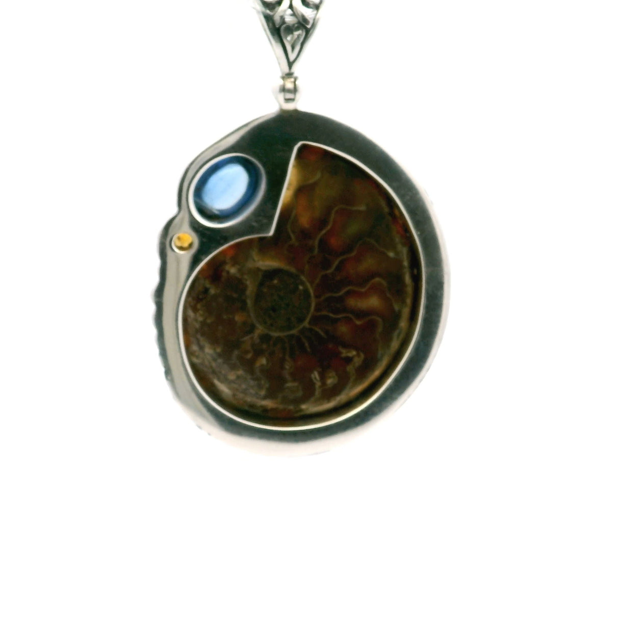 Ammonite Fossil Pendant - Open Ammonite Cross-section Inlaid with Kyanite with Kyanite Oval Cabochon and Faceted Citrine Round Bezel Set in 925 Sterling Silver with Bead & Line Accents