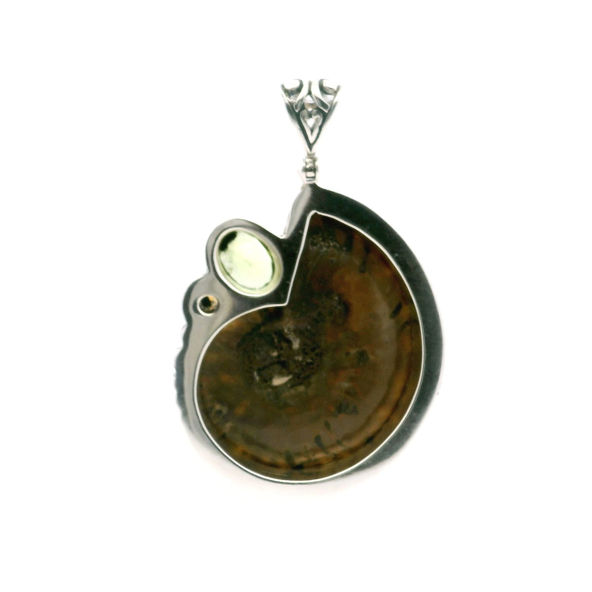 Ammonite Fossil Pendant - Open Ammonite Cross-section Inlaid with Smithsonite with Faceted Peridot Oval & Citrine Round Bezel Set in 925 Sterling Silver with Bead & Line Accents