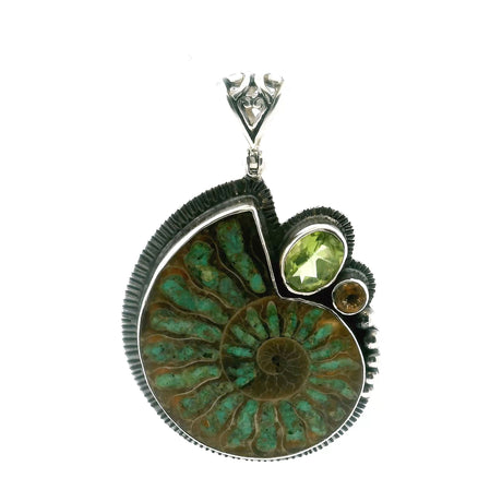 View of Ammonite Fossil Pendant - Open Ammonite Cross-section Inlaid with Smithsonite with Faceted Peridot Oval & Citrine Round Bezel Set in 925 Sterling Silver with Bead & Line Accents