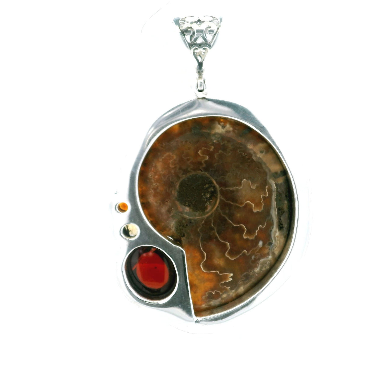 Ammonite Fossil Pendant - Open Inverted Ammonite Cross-section Inlaid with Rutilated Quartz with Oval Garnet Cabochon & Faceted Garnet & Citrine Rounds Bezel Set in 925 Sterling Silver