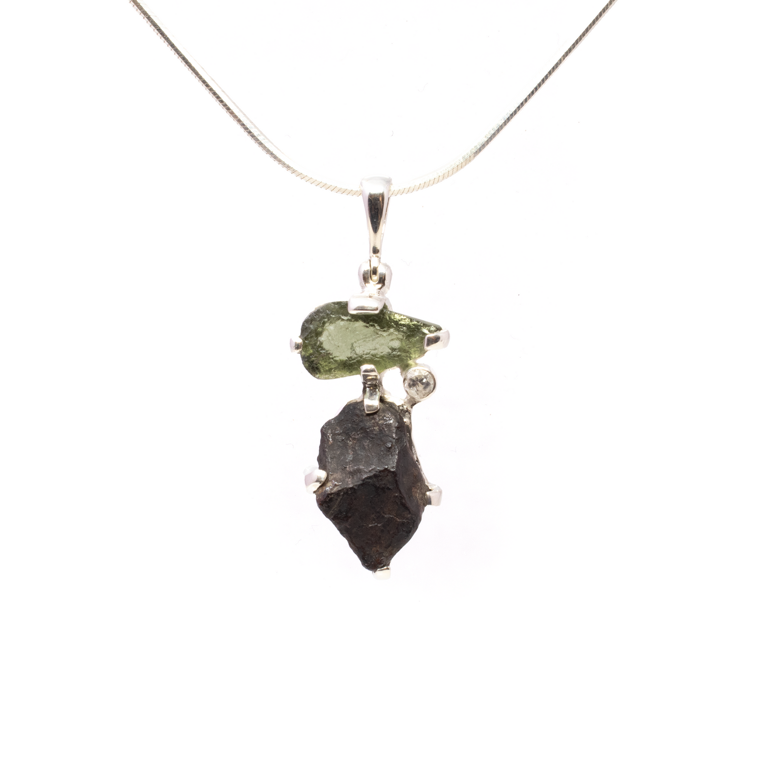 View of Agoudal Meteorite Pendant - Rough Speciman Prong Set with Moldavite & Faceted Dainty White Topaz Round Bezel Set in 925 Sterling Silver