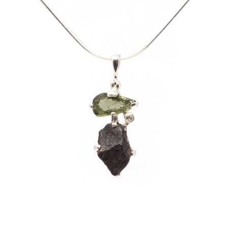View of Agoudal Meteorite Pendant - Rough Speciman Prong Set with Moldavite & Faceted Dainty White Topaz Round Bezel Set in 925 Sterling Silver