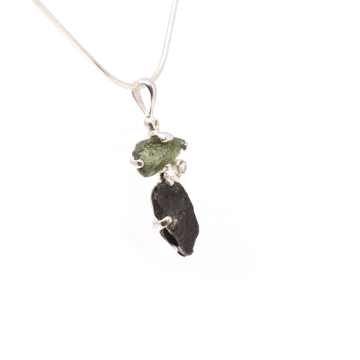 Agoudal Meteorite Pendant - Rough Speciman Prong Set with Moldavite & Faceted Dainty White Topaz Round Bezel Set in 925 Sterling Silver