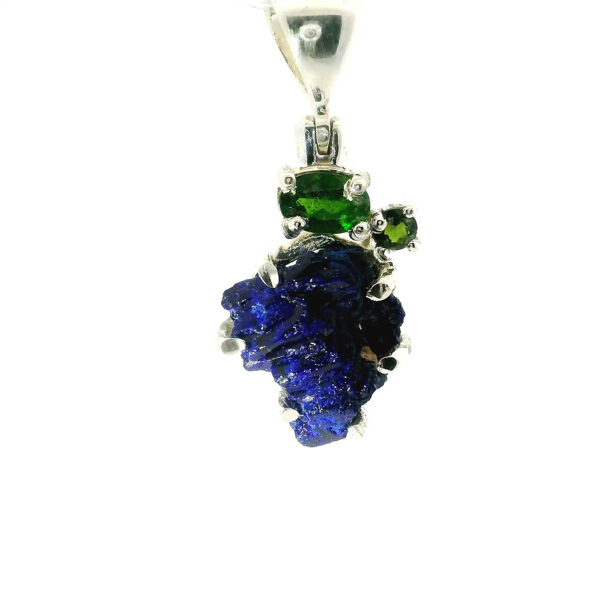 View of Azurite Druze Pendant - Rough Speciman Prong Set with Faceted Chrome Diopside Oval & Round Prong Set in 925 Sterling Silver