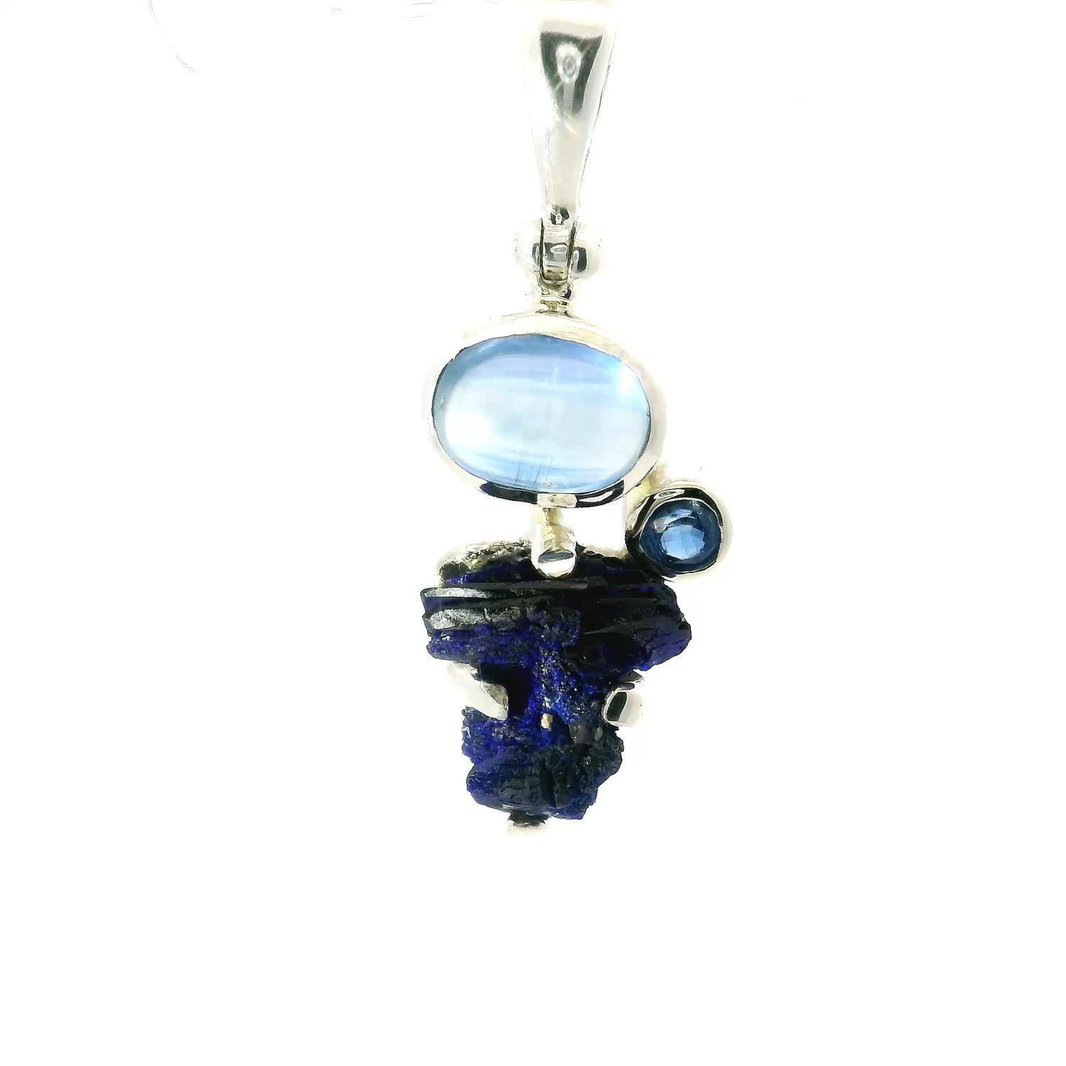 View of Azurite Druze Pendant - Rough Speciman Prong Set with Oval Kyanite Cabochon & Faceted Round Bezel Set in 925 Sterling Silver