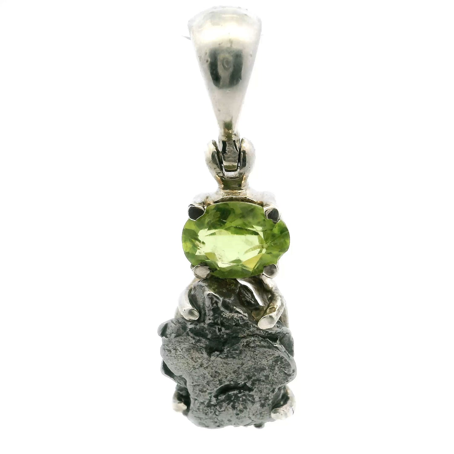View of Campo De Cielo Meteorite Pendant - Meteorite Rough Prong Set Below Faceted Peridot Oval Prong Set in 925 Sterling Silver