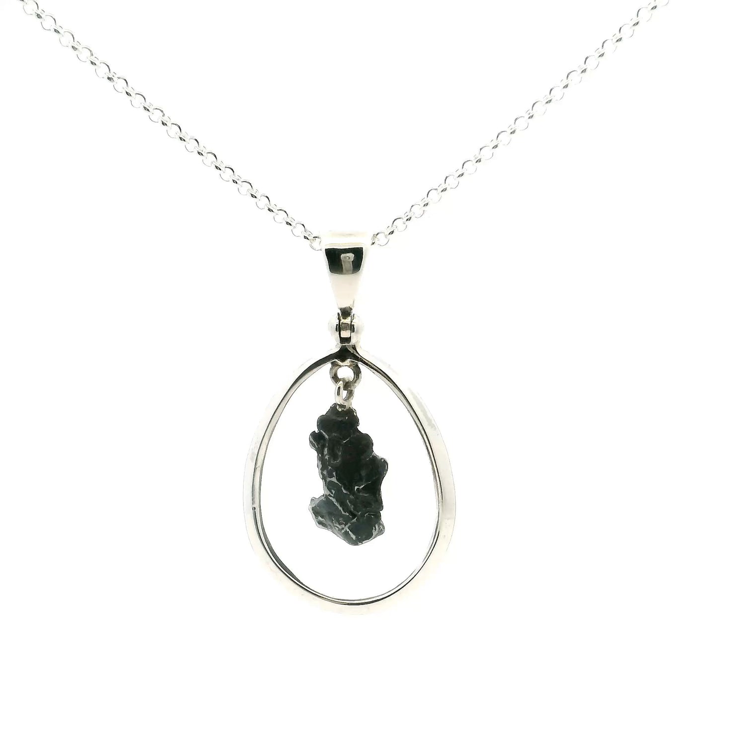 View of Campo De Cielo Meteorite Pendant - Rough J-Shaped Speciman Hanging in Open Oval with 925 Sterling Silver with Chain