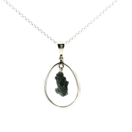 View of Campo De Cielo Meteorite Pendant - Rough J-Shaped Speciman Hanging in Open Oval with 925 Sterling Silver with Chain