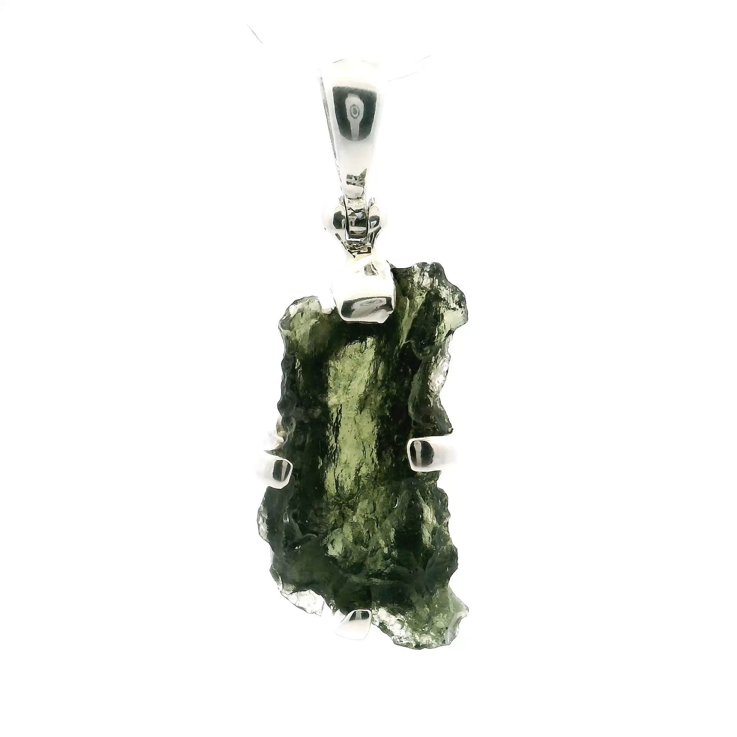 View of Moldavite Pendant - North South Rough Prong Set in Simple 925 Sterling Silver