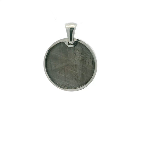 View of Muonionalusta Meteorite Pendant - Coin Shape Bezel Set in Simple 925 Sterling Silver