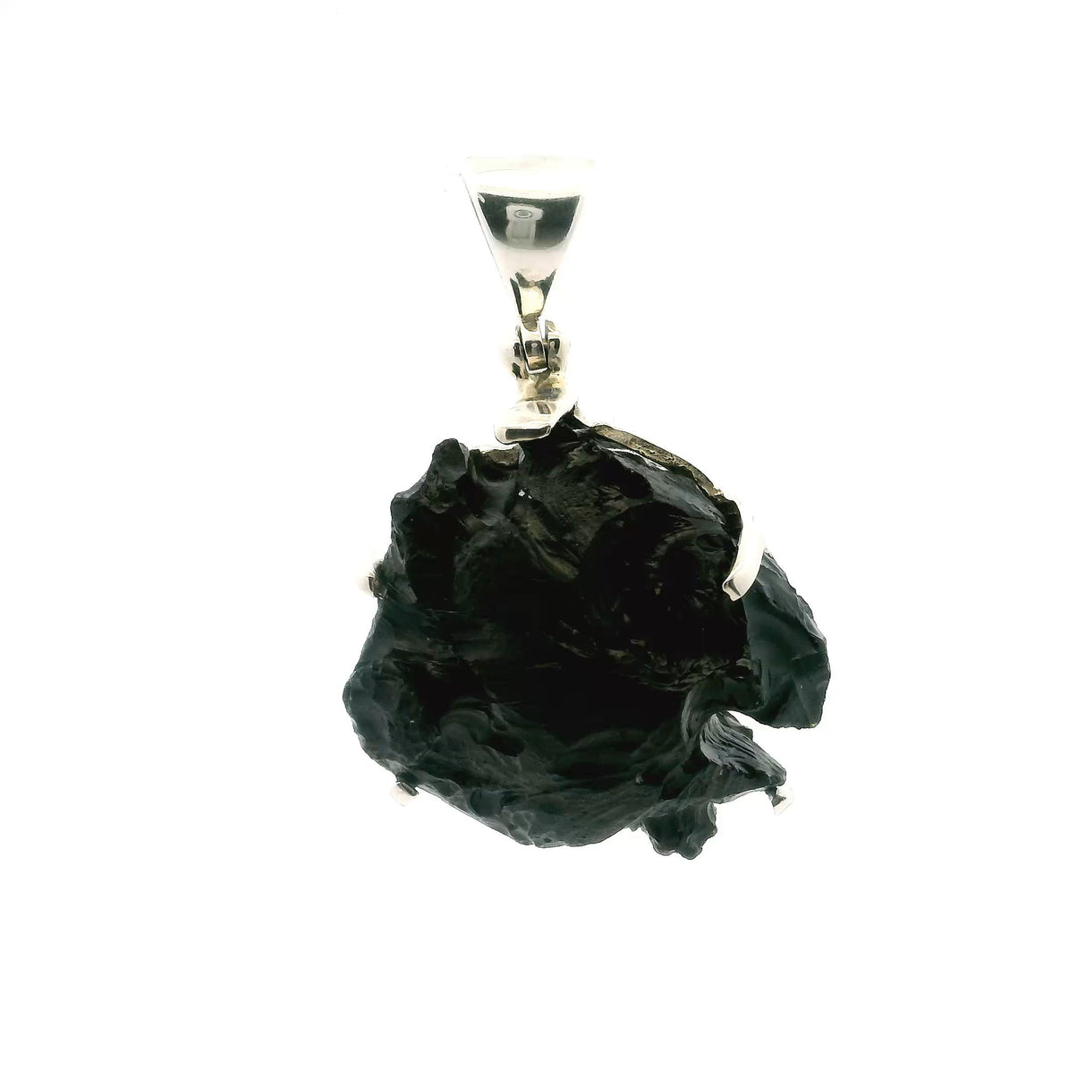 View of Billionite Tektite Pendant - Round Speciman with 2 Small Explosions on Exterior Prong Set in 925 Sterling Silver from Sumatra\/Borneo