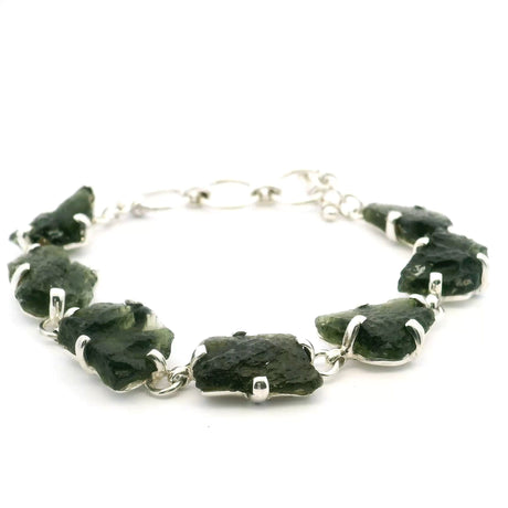 View of Moldavite Link Bracelet - 7 Nuggets Prong Set in 925 Sterling Silver with Toggle Clasp