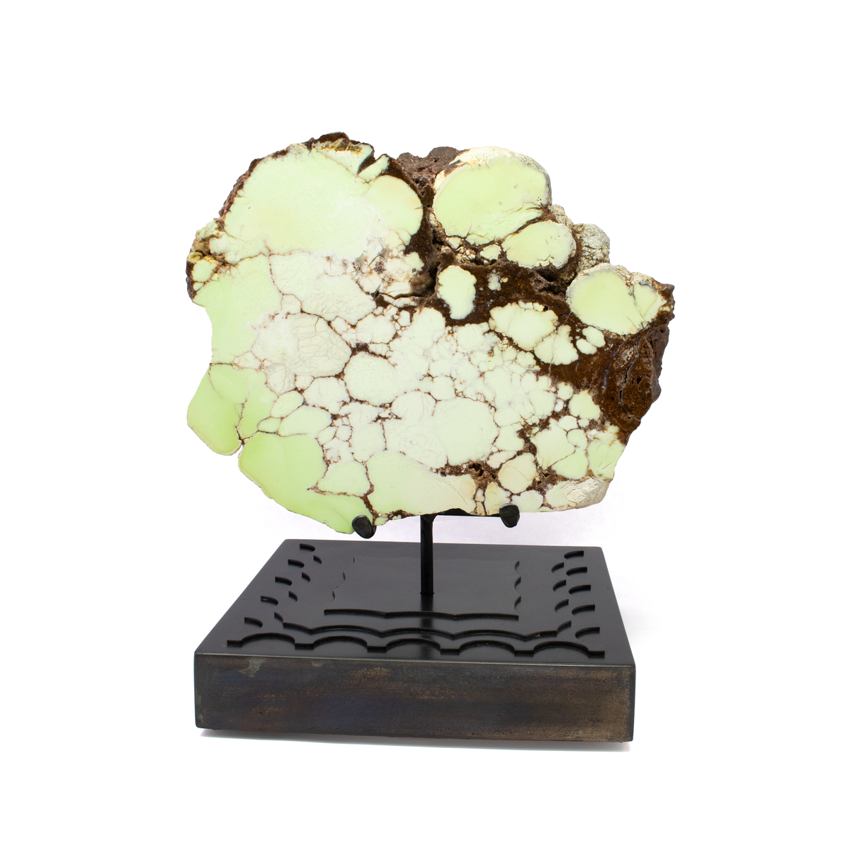 View of Pastel Green Chrysoprase End Cut on Rotating Custom Stand from Australia with Brown Spider Webbing aka Citron Magnesite