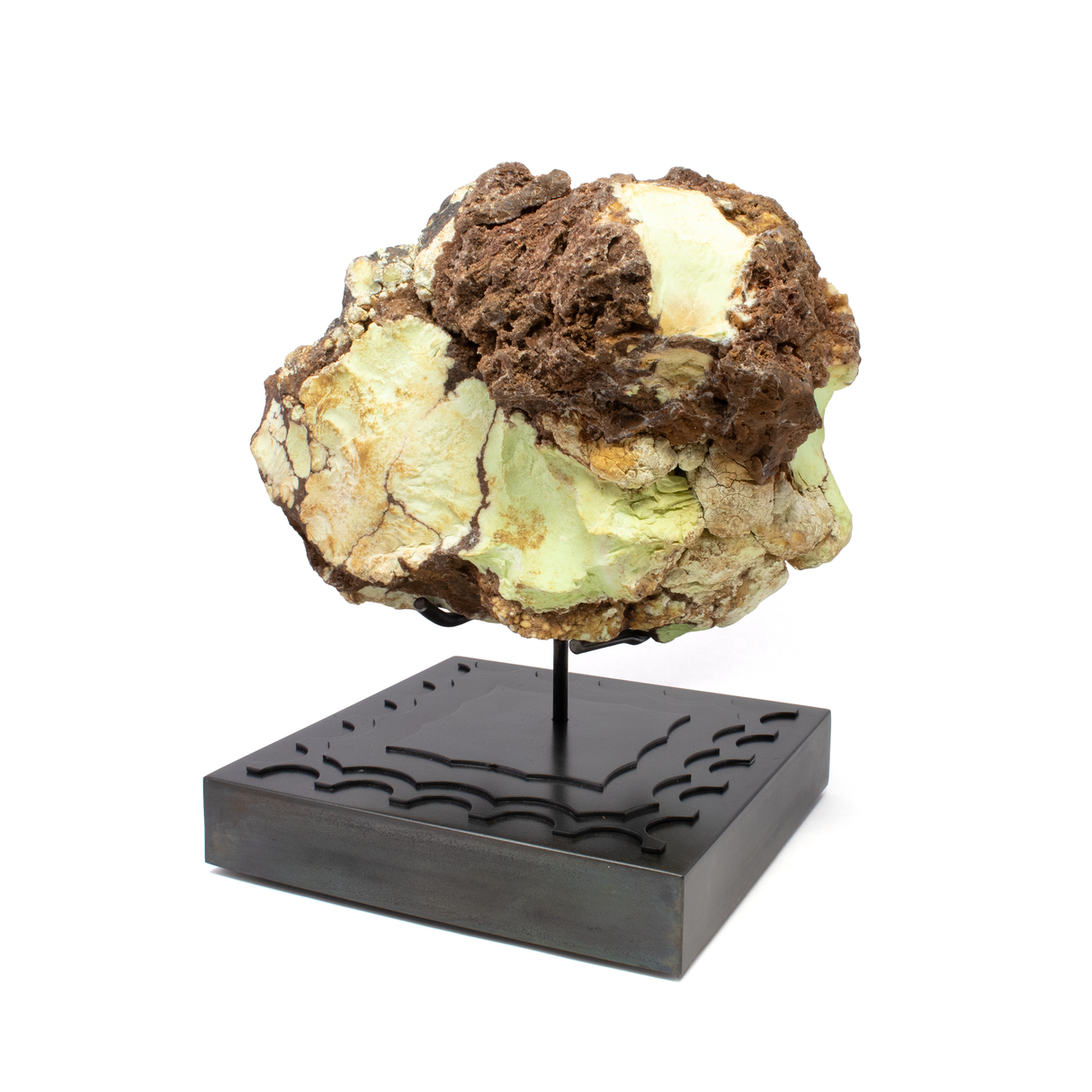 Pastel Green Chrysoprase End Cut on Rotating Custom Stand from Australia with Brown Spider Webbing aka Citron Magnesite