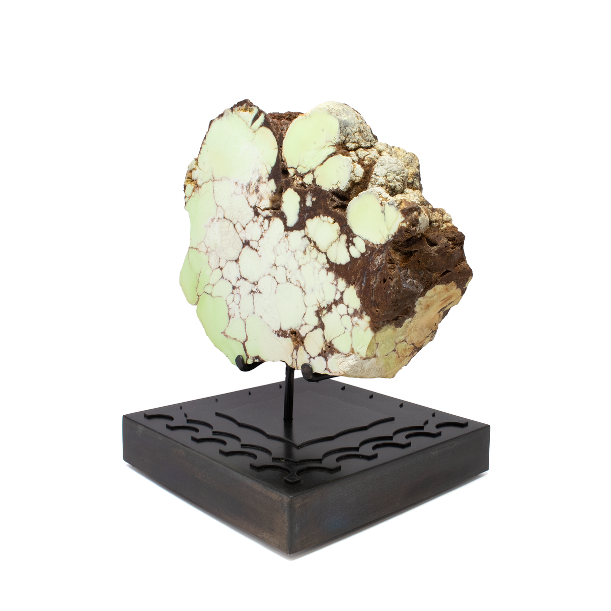 Pastel Green Chrysoprase End Cut on Rotating Custom Stand from Australia with Brown Spider Webbing aka Citron Magnesite