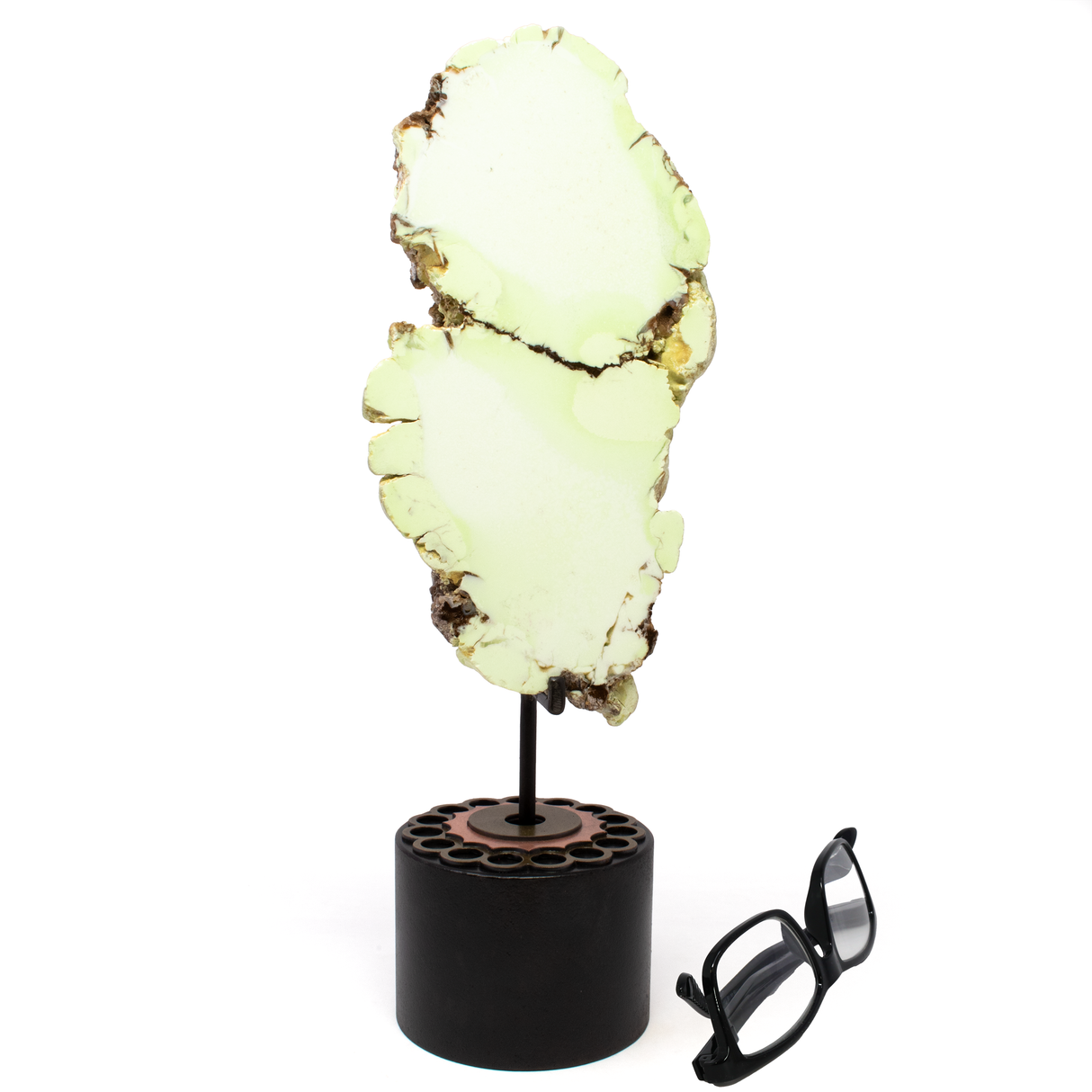 Pastel Green Chrysoprase End Cut on Rotating Custom Stand from Australia with Veining Through Center aka Citron Magnesite