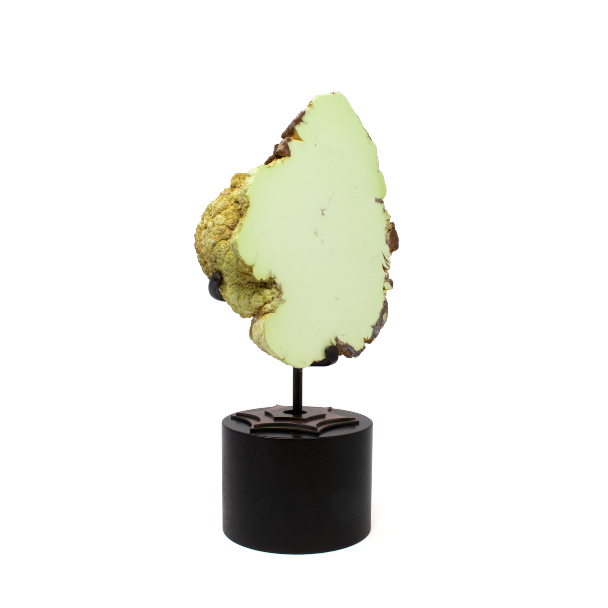View of Pastel Green Chrysoprase End Cut on Rotation Custom Stand from Australia - Clean Pattern aka Citron Magnesite