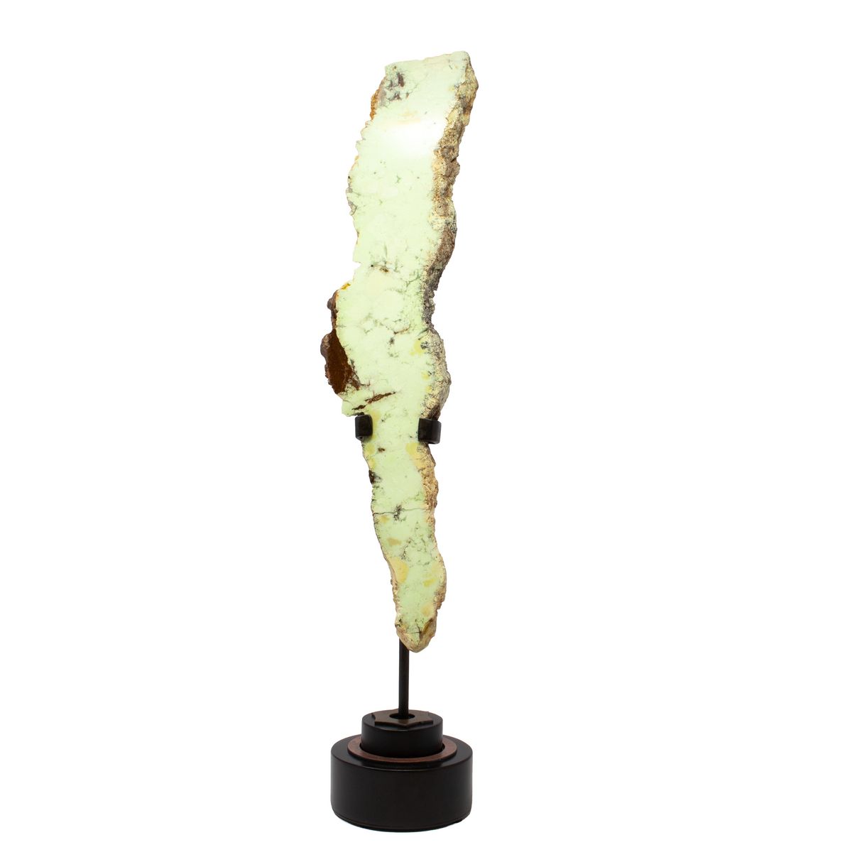 View of Pastel Green Chrysoprase Slice on Rotation Custom Stand - Elongated Freeform from Australia aka Citron Magnesite