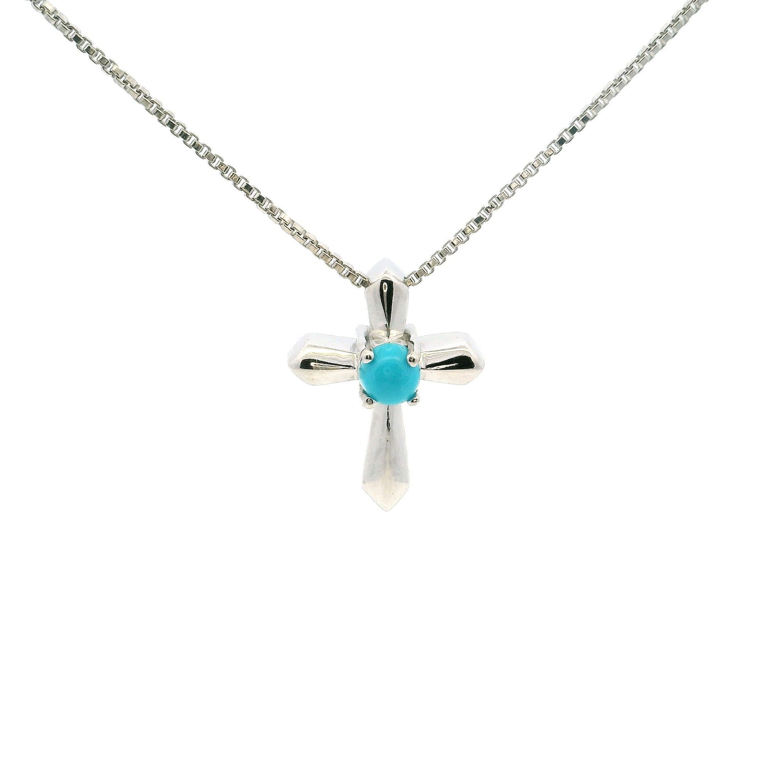 View of New Mexican Turquoise Cross Necklace- Dainty Round Cabochon Prong Set in Simple 925 Sterling Silver with Chain