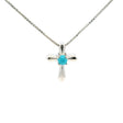 View of New Mexican Turquoise Cross Necklace- Dainty Round Cabochon Prong Set in Simple 925 Sterling Silver with Chain
