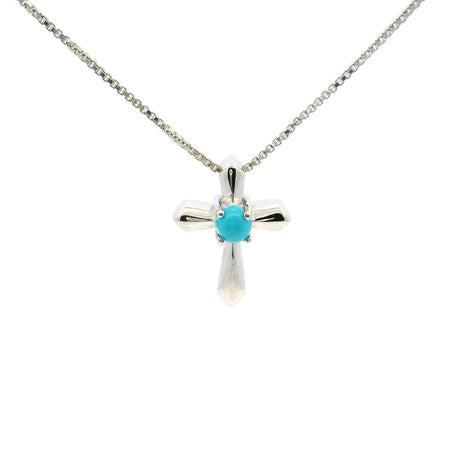 View of New Mexican Turquoise Cross Necklace- Dainty Round Cabochon Prong Set in Simple 925 Sterling Silver with Chain