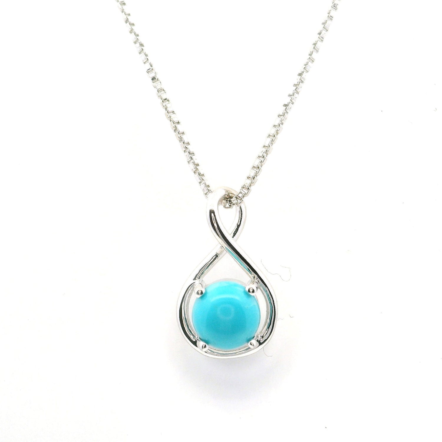 View of New Mexican Turquoise Necklace- Dainty Round Cabochon Prong Set in North\/South Infinity in 925 Sterling Silver with Chain
