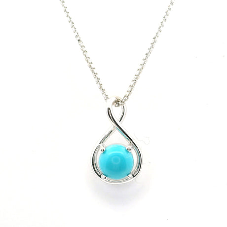 View of New Mexican Turquoise Necklace- Dainty Round Cabochon Prong Set in North\/South Infinity in 925 Sterling Silver with Chain