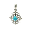 View of New Mexican Turquoise Pendant - Round Cabochon with 4 CZs in Mandala Shape Prong Set in 925 Sterling Silver