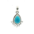 View of New Mexican Turquoise Pendant - Teardrop Cabochon with Lotus Design Bezel Set in Simple 925 Sterling Silver