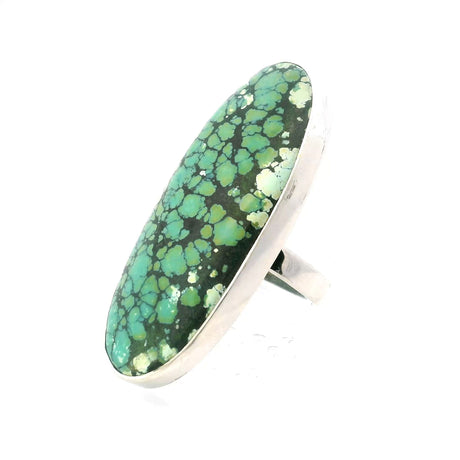 View of Tibetan Turquoise Ring - Long Blue-Green Oval Cabochon with Black Webbing Bezel Set in Simple 925 Sterling Silver szAdj 1.75\"+