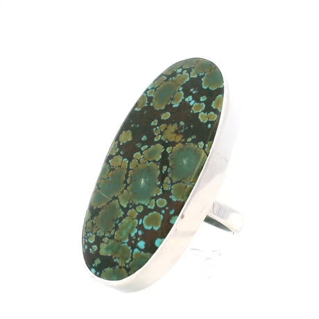 View of Tibetan Turquoise Ring - Olive Oval Cabochon with Brown Veining Bezel Set Flush in 925 Sterling Silver szAdj 1.5\"+
