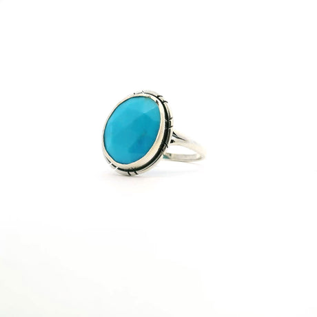 View of New Mexican Turquoise Ring - Faceted Round Bezel Set with Stamped Line Detail & Double Band in 925 Sterling Silver sz7