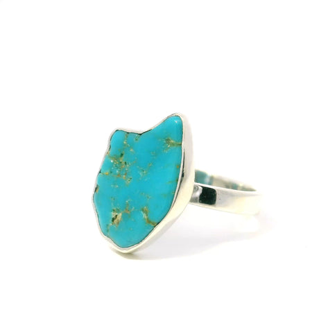 View of New Mexican Turquoise Ring - Polished Freeform Cat Face Bezel Set in Simple 925 Sterling Silver sz9