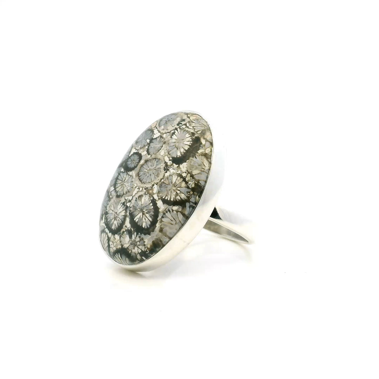 View of Fossilized Coral Ring - Oval Cabochon Bezel Set in Simple 925 Sterling Silver szAdj