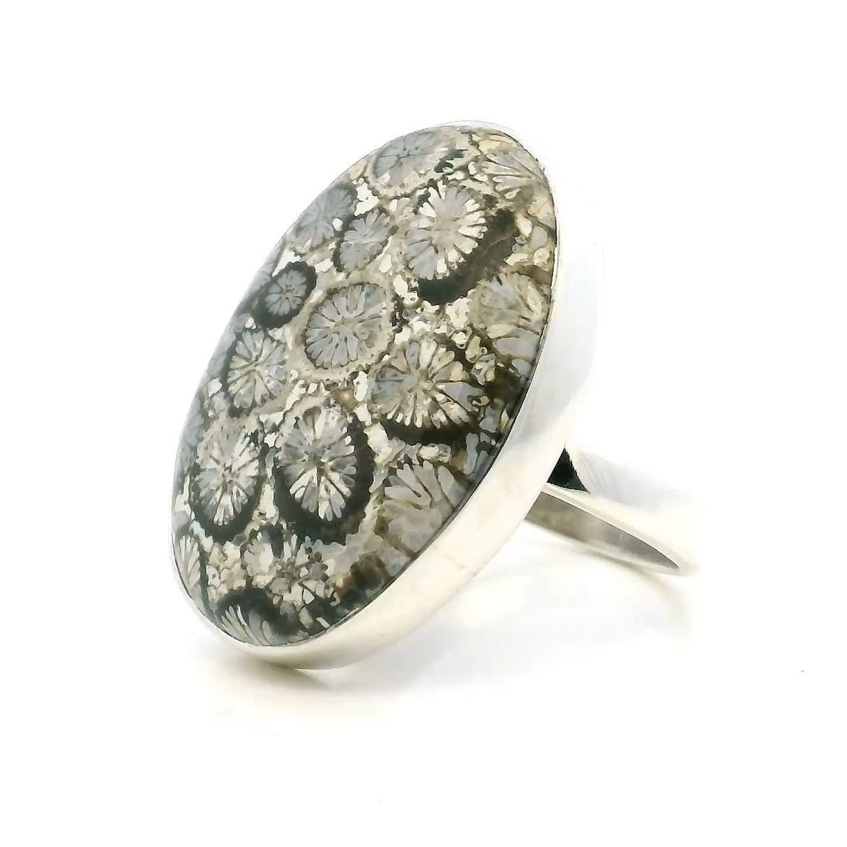 View of Fossilized Coral Ring - Oval Cabochon Bezel Set in Simple 925 Sterling Silver szAdj