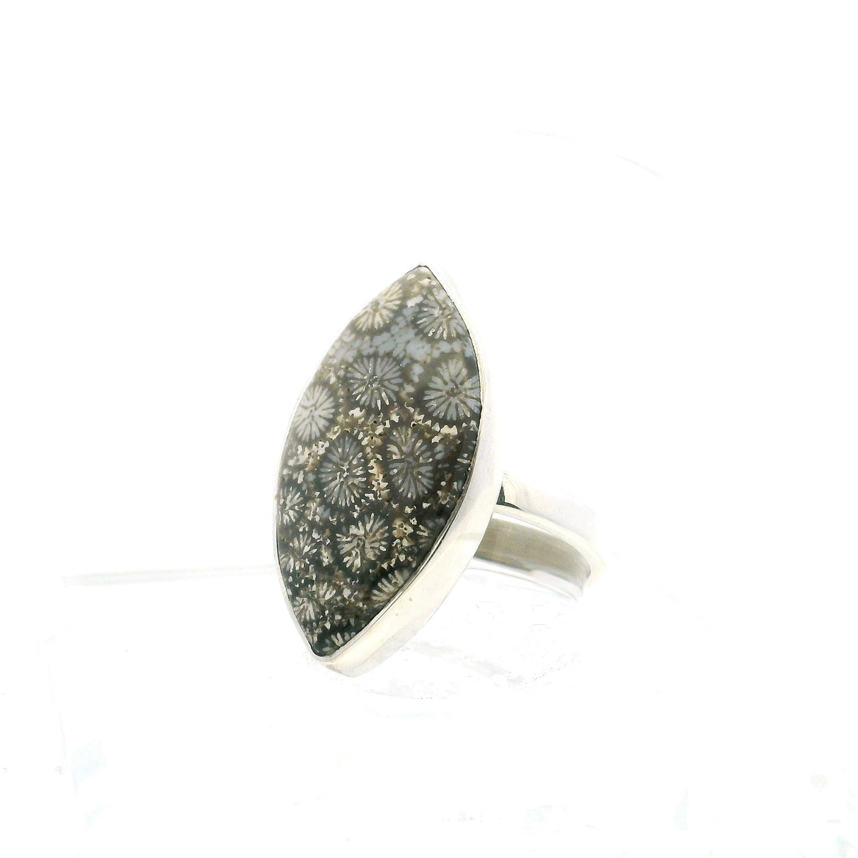 View of Fossilized Coral Ring - Sharp Oval Cabochon Bezel Set in Simple 925 Sterling Silver sz9