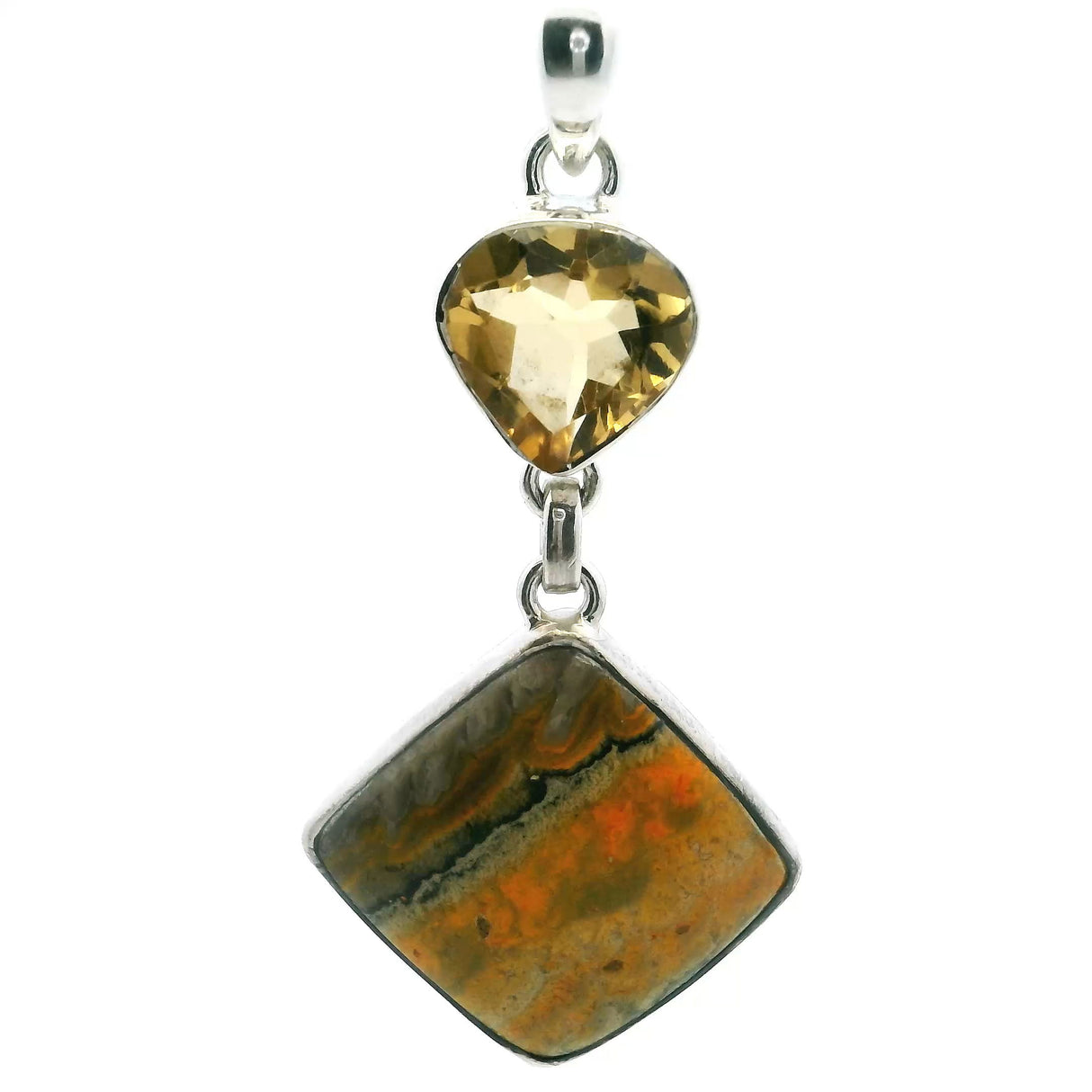 View of Bumblebee Jasper Pendant - Square Cabochon Below Faceted Citrine Bezel Set in 925 Sterling Silver