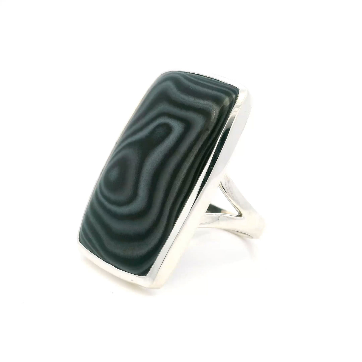 View of Psilomelane Ring - Rounded Rectangle Cabochon with Double Band Bezel Set in 925 Sterling Silver sz12