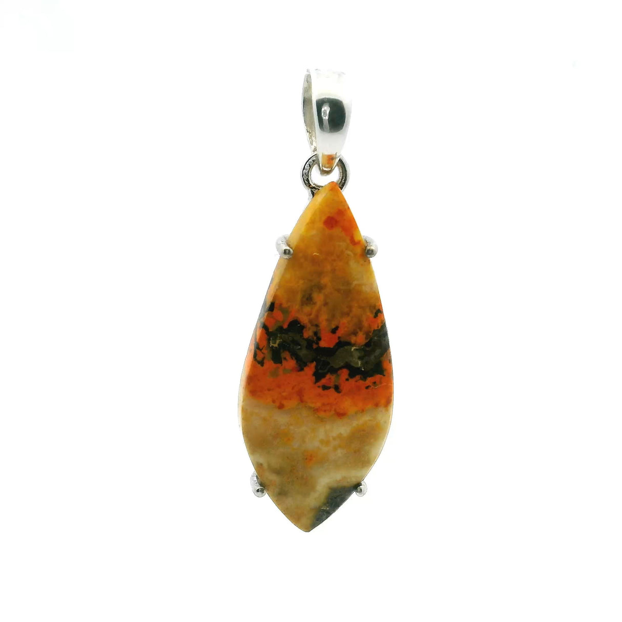 View of Bumblebee Jasper Pendant - Inverted Kite Cabochon with Horizontal Orange Flame Prong Set in 925 Sterling Silver
