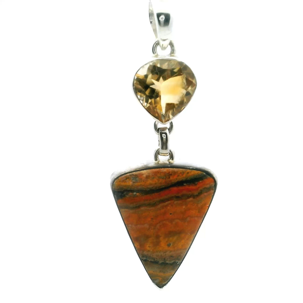 View of Bumblebee Jasper Pendant - Inverted Triangle Cabochon Below Faceted Citrine Round Bezel Set in 925 Sterling Silver