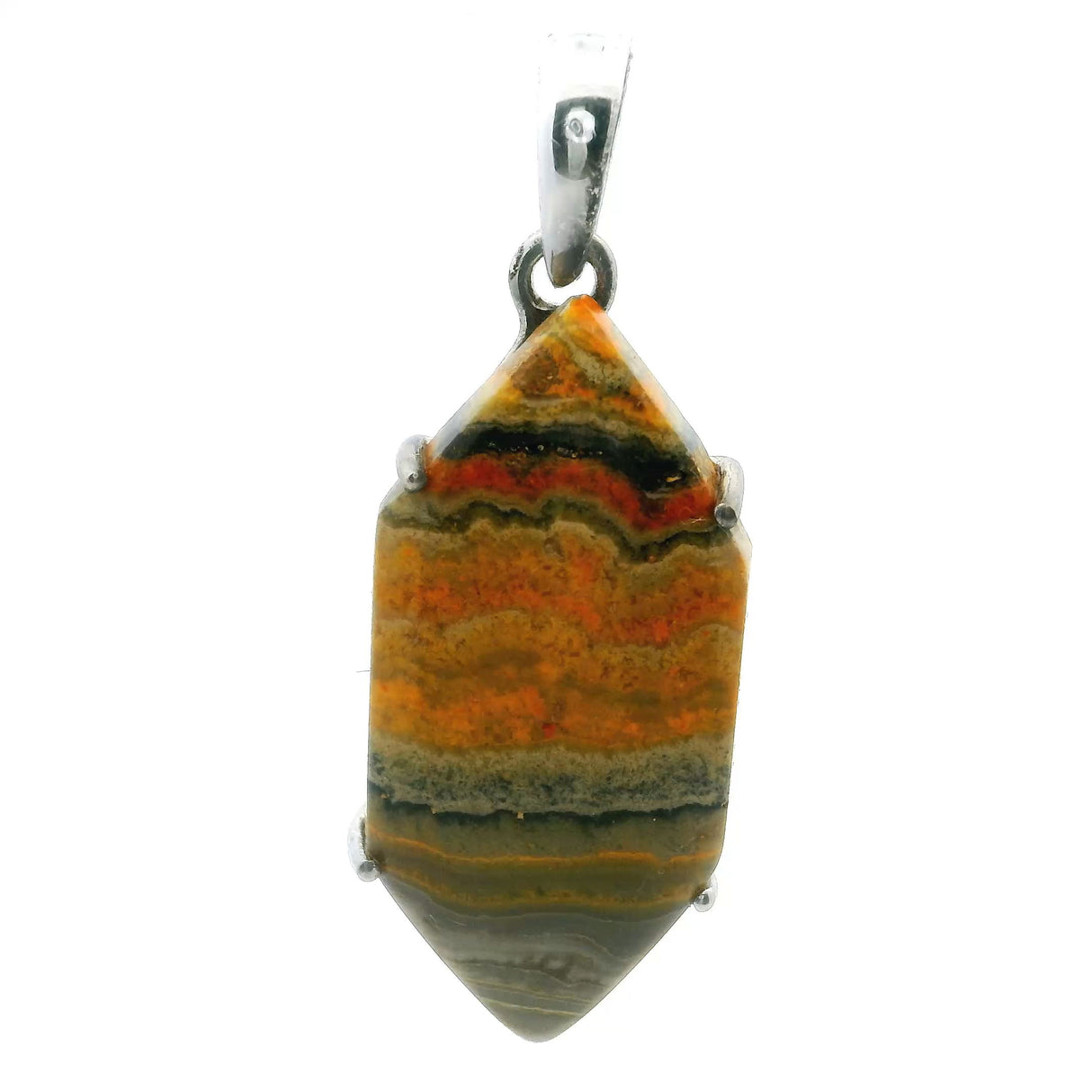 View of Bumblebee Jasper Pendant - Long Hexagon Cabochon with Gray & Yellow Horizontal Banding Prong Set in 925 Sterling Silver