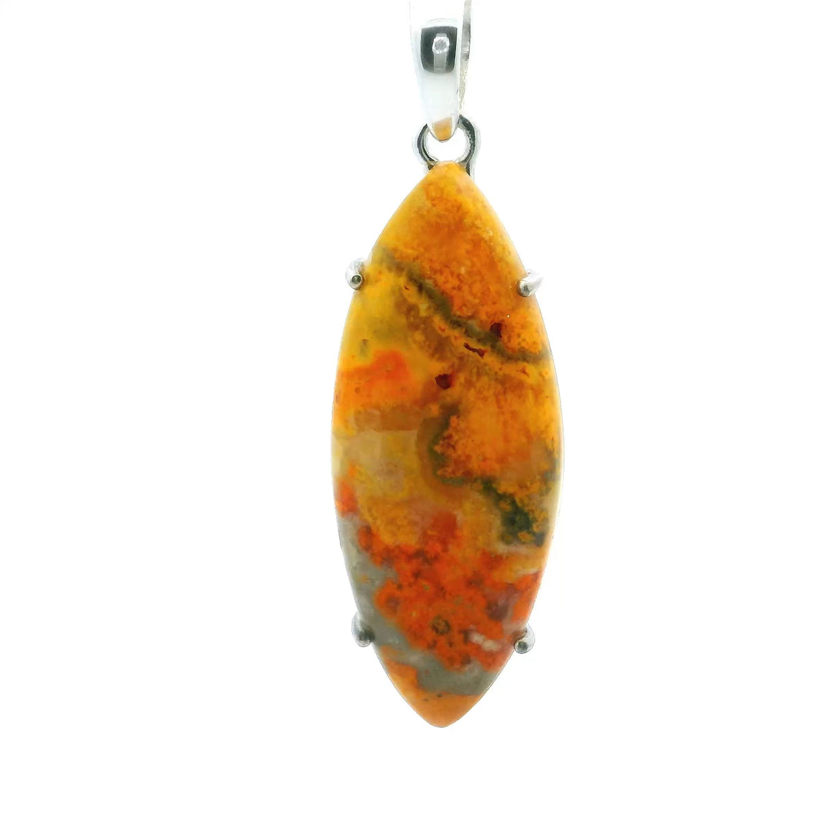 View of Bumblebee Jasper Pendant - Long Sharp Oval Cabochon with Bright Orange Bottom Half Prong Set in 925 Sterling Silver