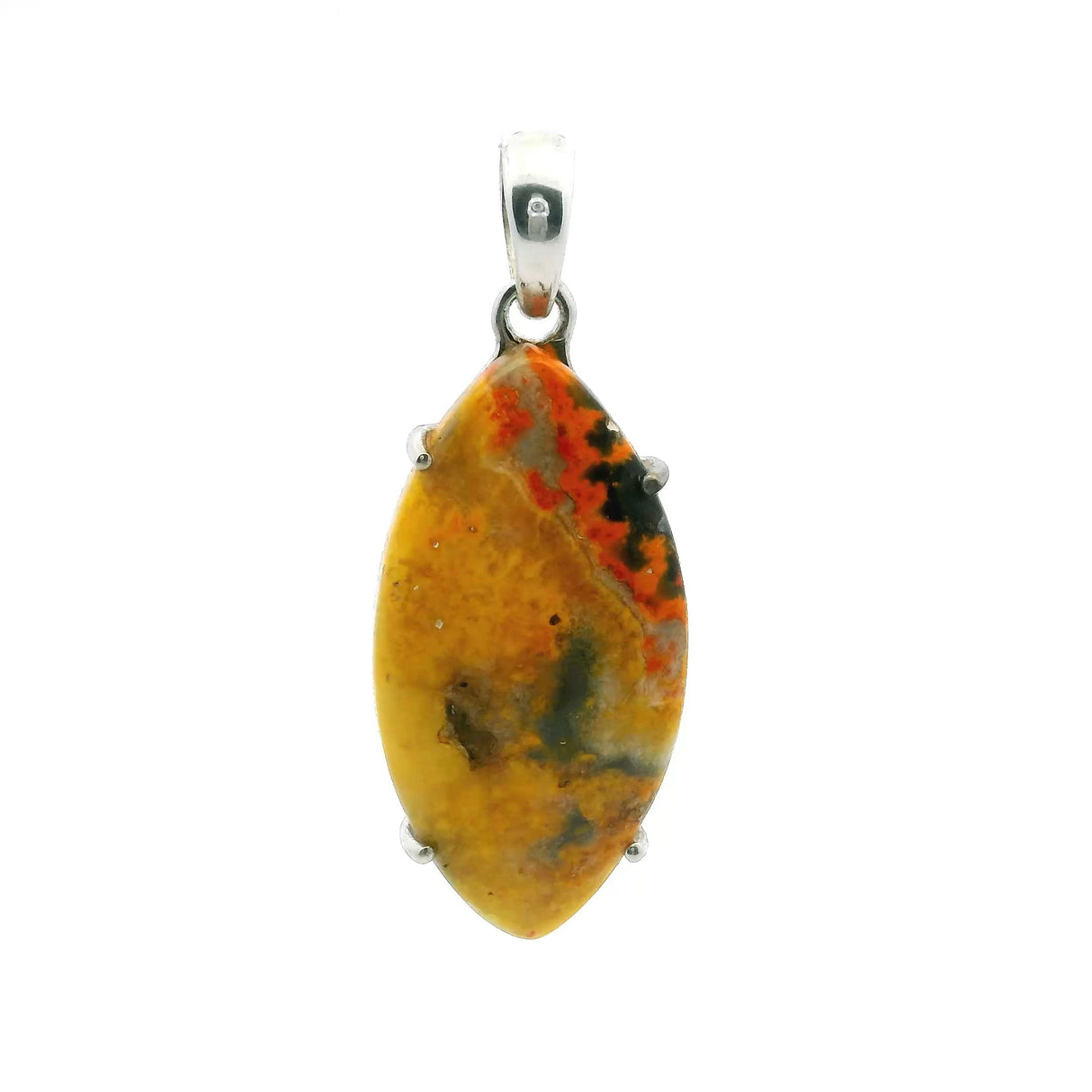 View of Bumblebee Jasper Pendant - Sharp Oval  Cabochon with Orange Lacy Accent Prong Set in 925 Sterling Silver