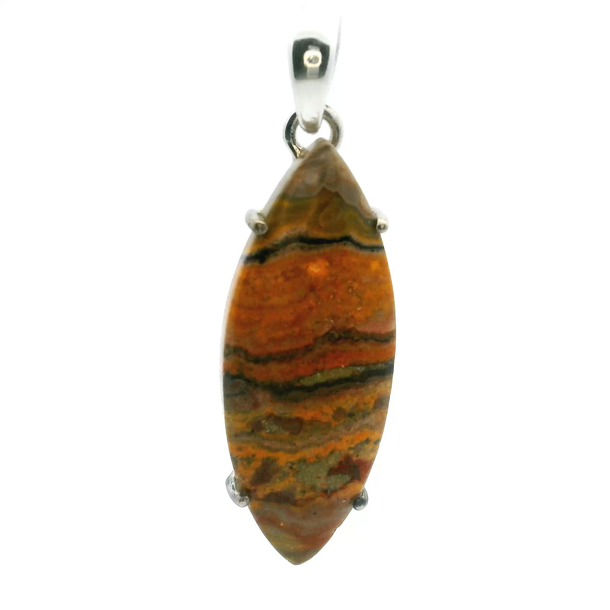 View of Bumblebee Jasper Pendant - Sharp Oval Cabochon with Muted Orange & Brown Prong Set in 925 Sterling Silver