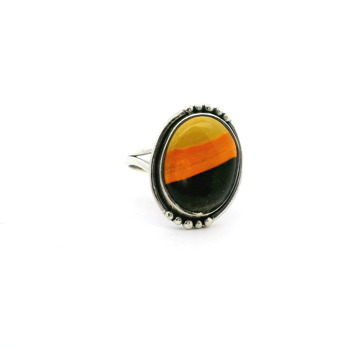 Bumblebee Jasper Ring - Oval Tri-color Cabochon with Double Band & Beaded Accents Bezel Set in 925 Sterling Silver sz5