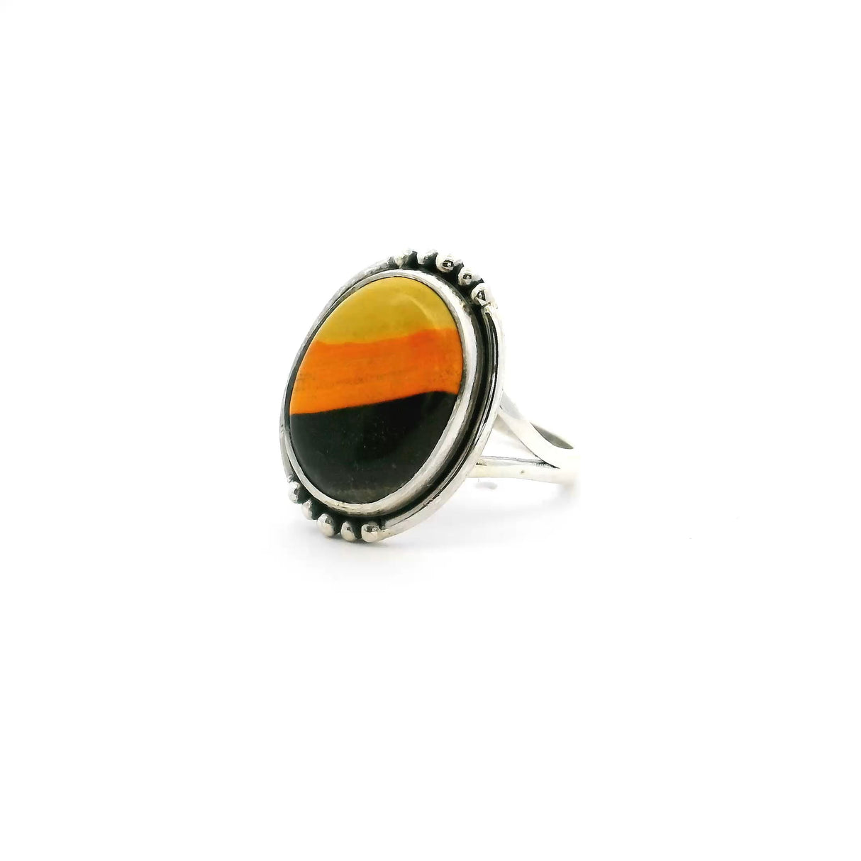 View of Bumblebee Jasper Ring - Oval Tri-color Cabochon with Double Band & Beaded Accents Bezel Set in 925 Sterling Silver sz5